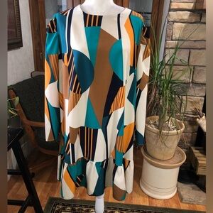 EMERY ROSE SIZE 1XL MULTICOLORED GEOMETRIC DRESS SLIMMING EUC